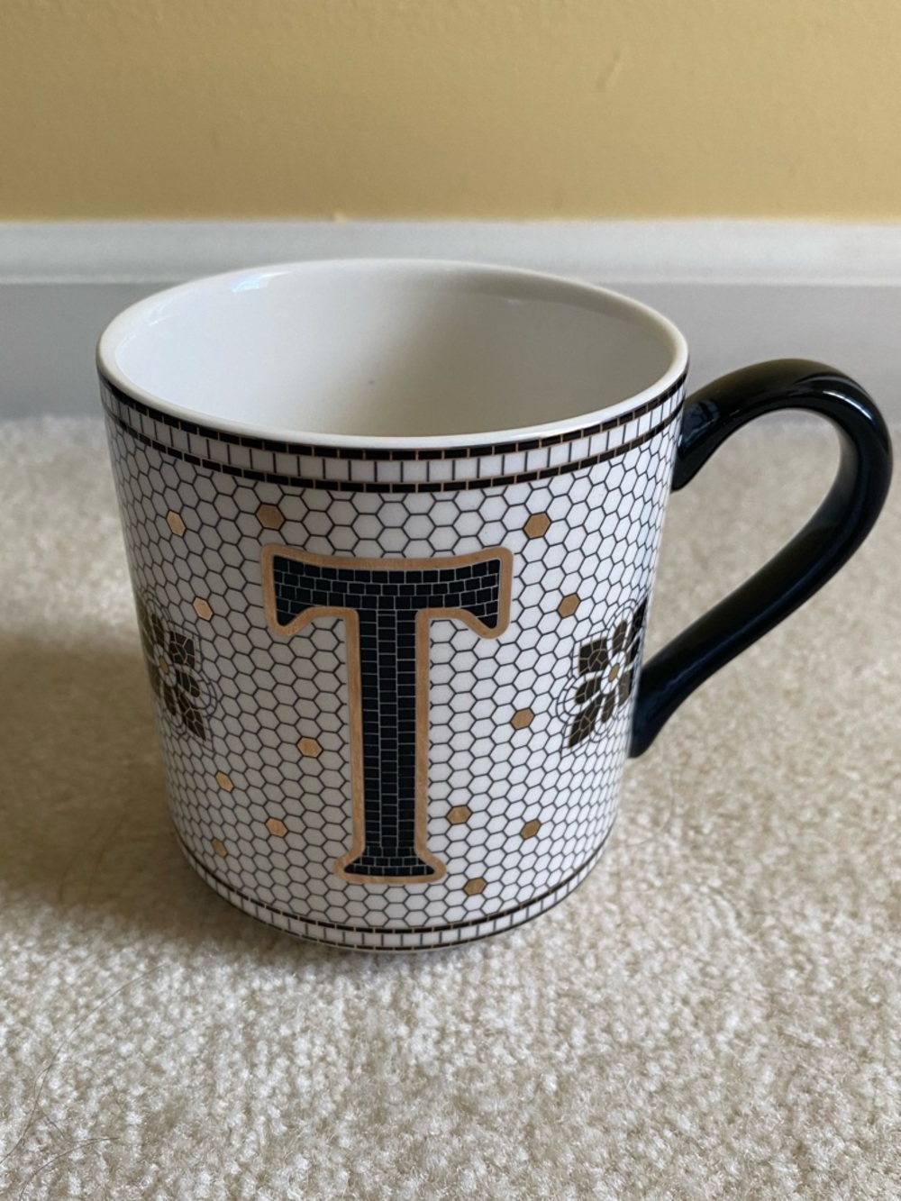 Anthropologie Bistro Tile Mug Initial Letter T Mosiac Coffee Black White Gold